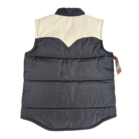 True Religion Mens Med Black/Cream Snap Puffer Vest W/ Leather Yoke NWT - Picture 2 of 13